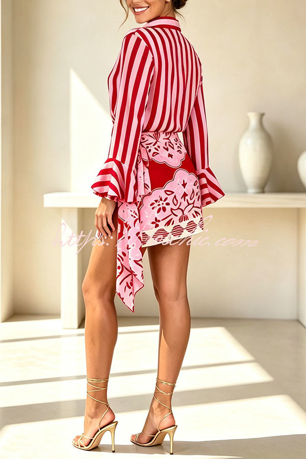 Therese | Satin-Set mit gestreifter Bluse und Wickelrock
