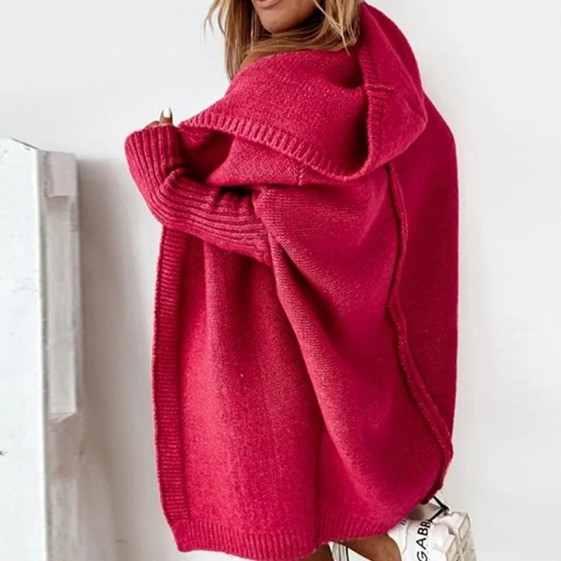 Rosa | Lange Strickjacke mit Kapuze und offener Front