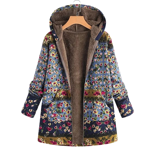 Grete-Hilde | Fleece-Winterjacke mit Blumenprint und Reißverschluss