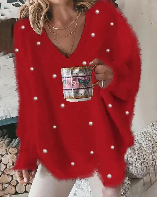 Klara-Line | Pullover mit V-Ausschnitt und Perlendetails