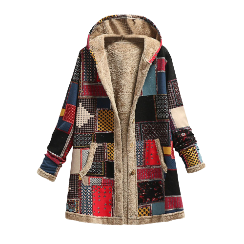 Eva-Gard | Fleece-Winterjacke mit Patchwork-Design und verstellbarer Kapuze