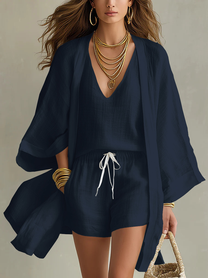 Antje | 3-teiliges Set mit Cardigan und Shorts