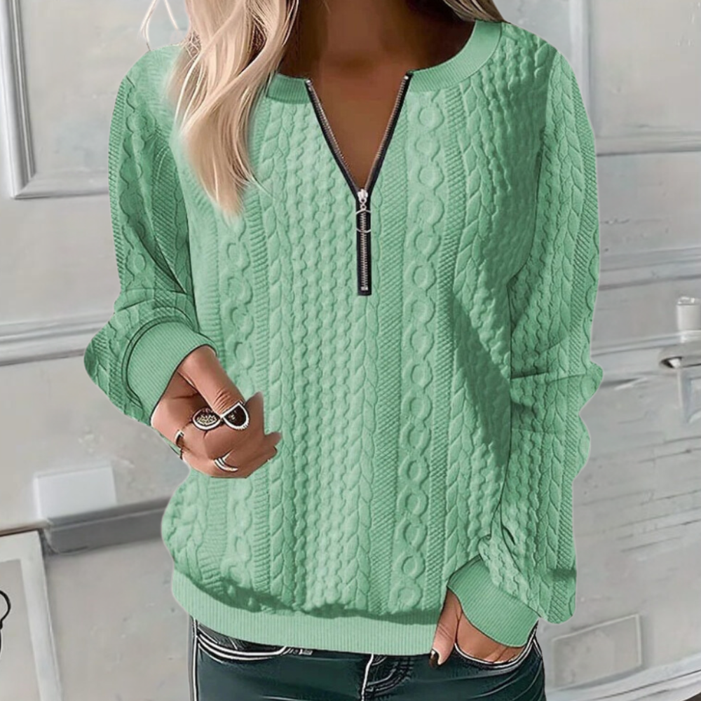 Berta-Kathrin | Zopfstrick-Pullover mit halbem Reißverschluss