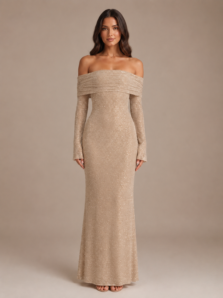 Anna-Lotte | Glitzerndes Maxikleid mit Off-Shoulder-Ausschnitt und langen Ärmeln