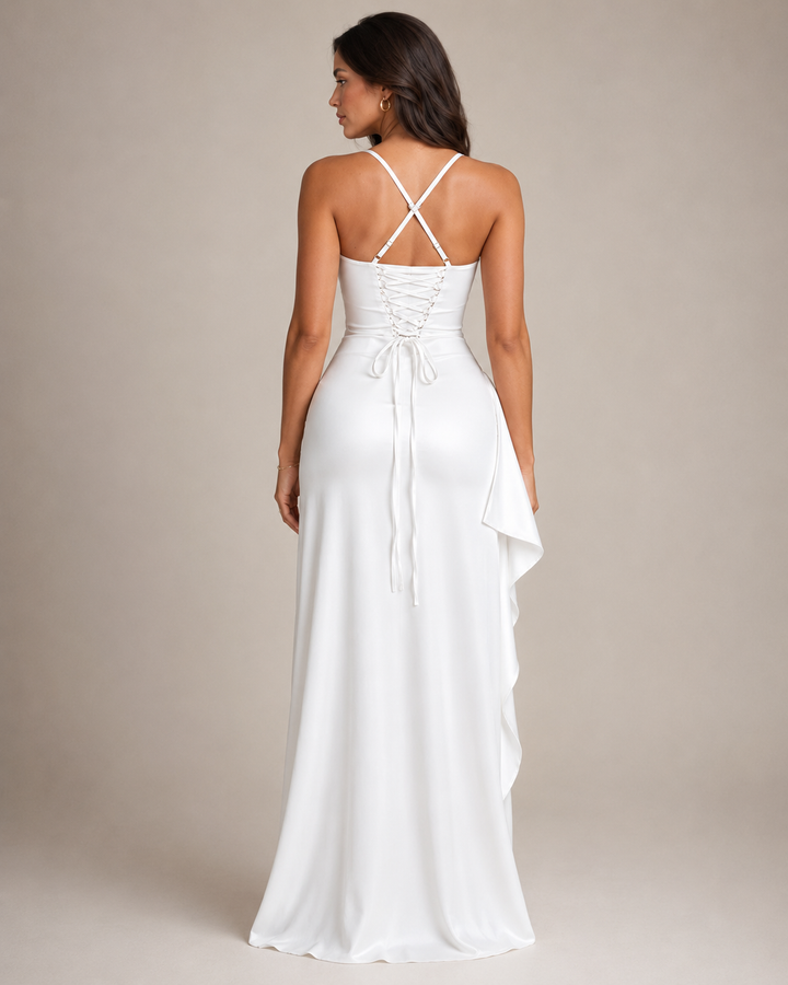 Elsa-Lene | Drapiertes Maxikleid mit Wasserfallausschnitt und hohem Schlitz