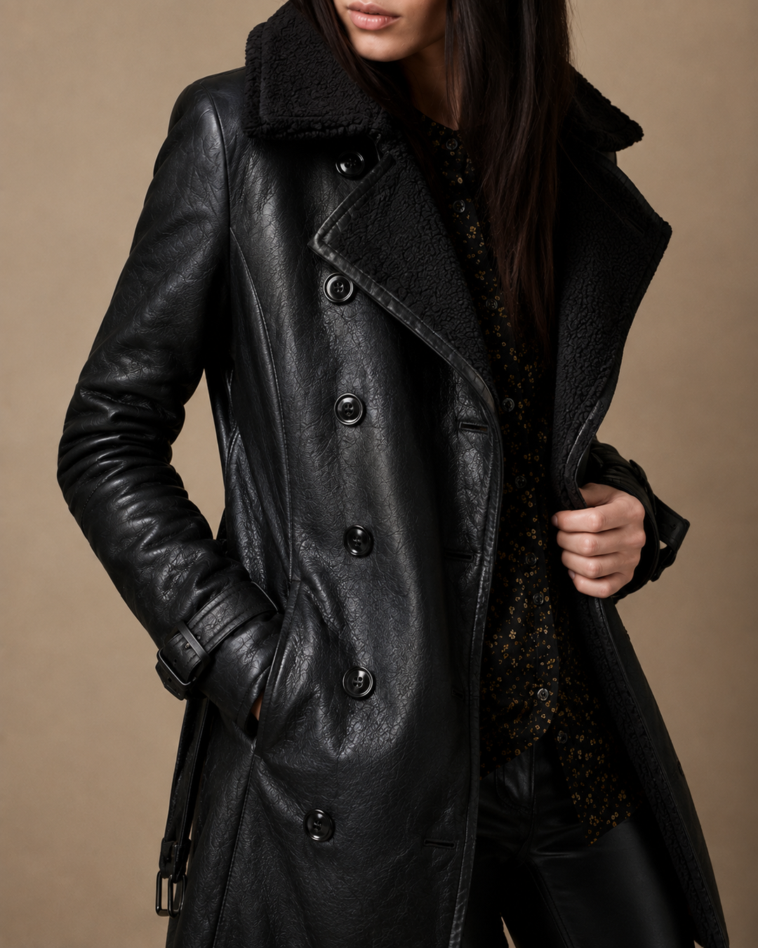 Reinhild | Lange Kunstleder-Jacke mit Fellkragen