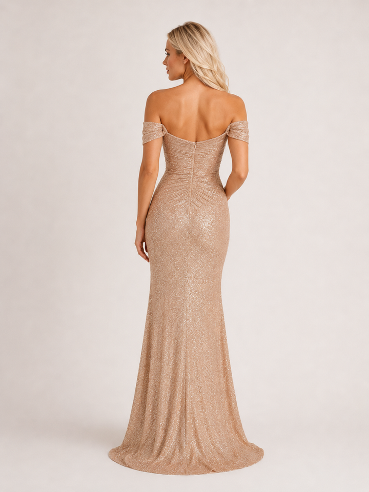 Elsa-Sophie | Pailletten-Abendkleid mit Off-Shoulder-Ausschnitt und hohem Beinschlitz