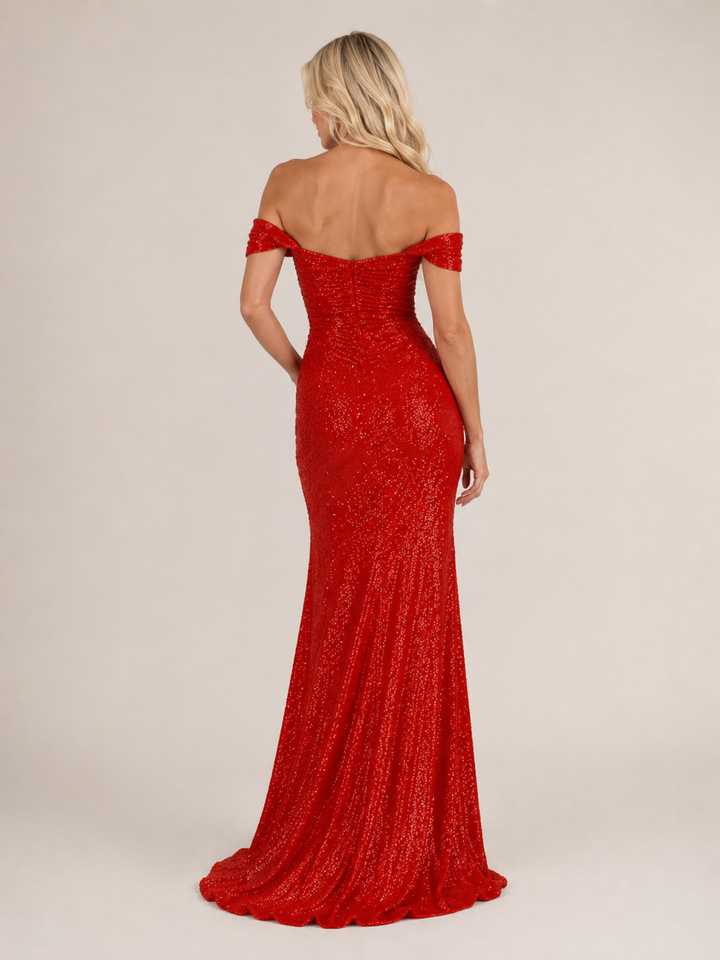Elsa-Sophie | Pailletten-Abendkleid mit Off-Shoulder-Ausschnitt und hohem Beinschlitz