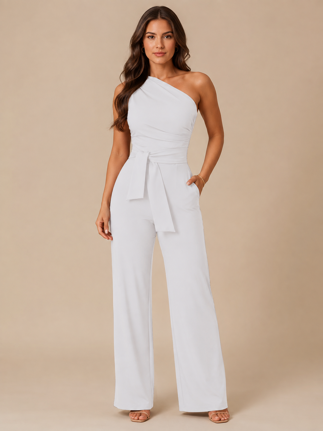 Tabea | One-Shoulder-Jumpsuit mit Bindegürtel und weitem Bein