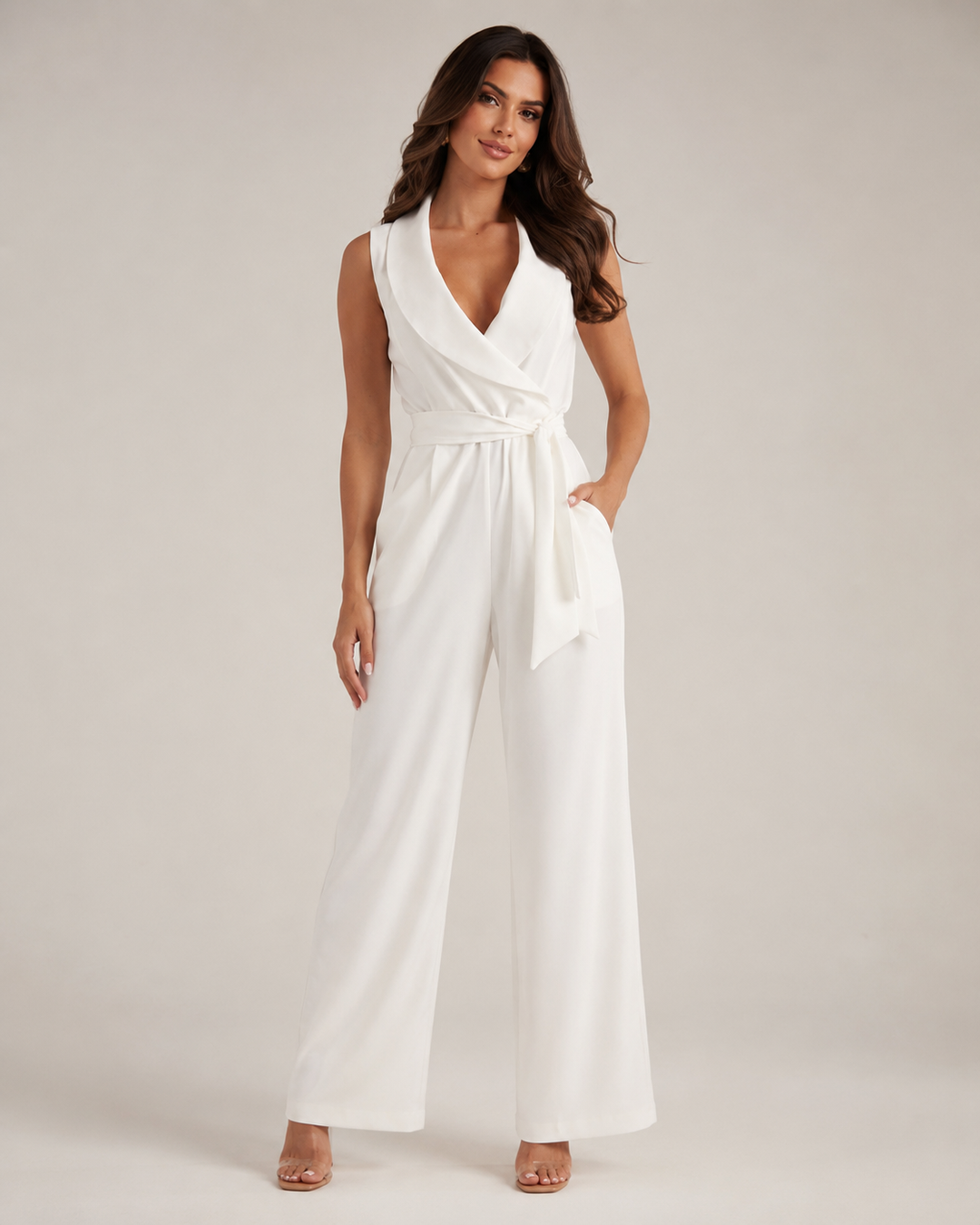 Berta-Luise | Ärmelloser Jumpsuit mit Schalkragen und Bindegürtel