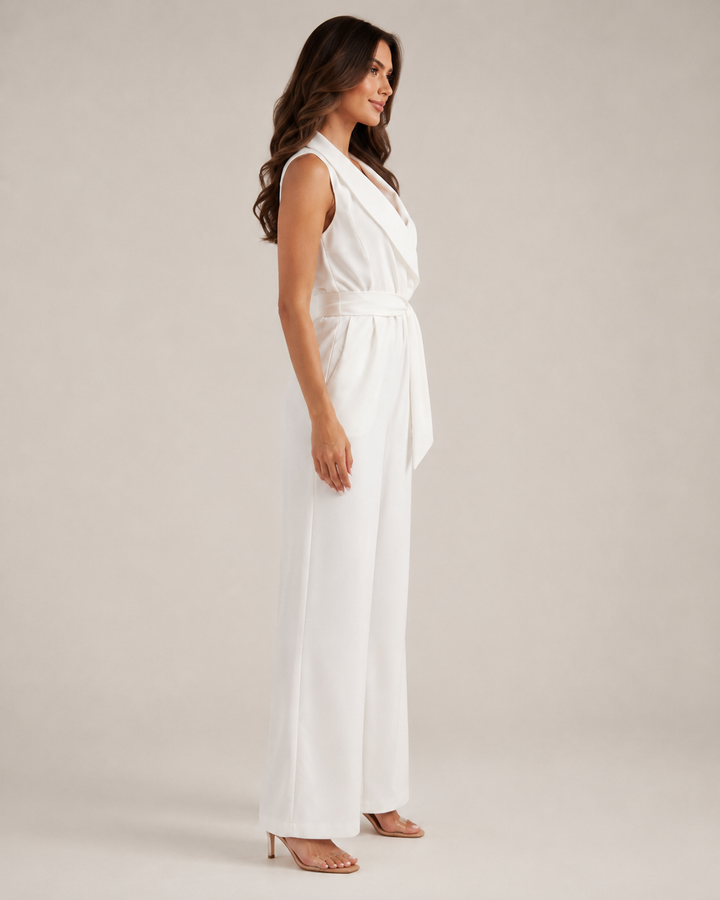 Berta-Luise | Ärmelloser Jumpsuit mit Schalkragen und Bindegürtel