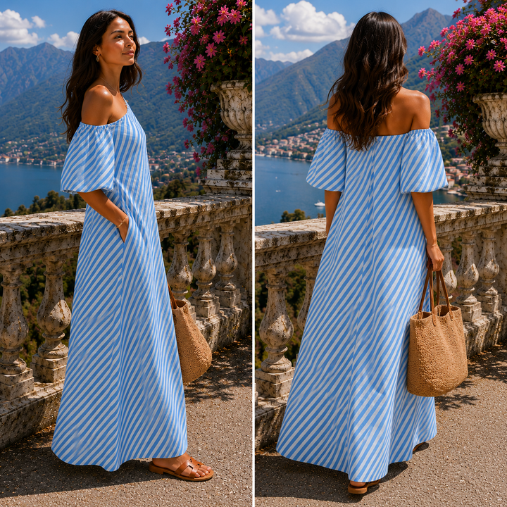 Carla | Gestreiftes Maxikleid mit asymmetrischem Ausschnitt