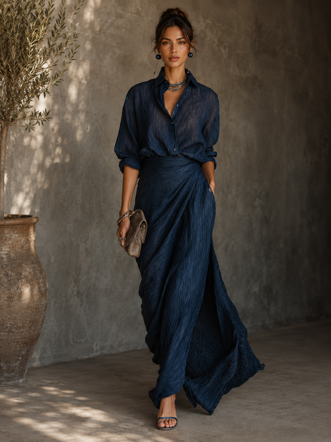 Verena | Maxikleid mit V-Ausschnitt und langen Ärmeln, Navy