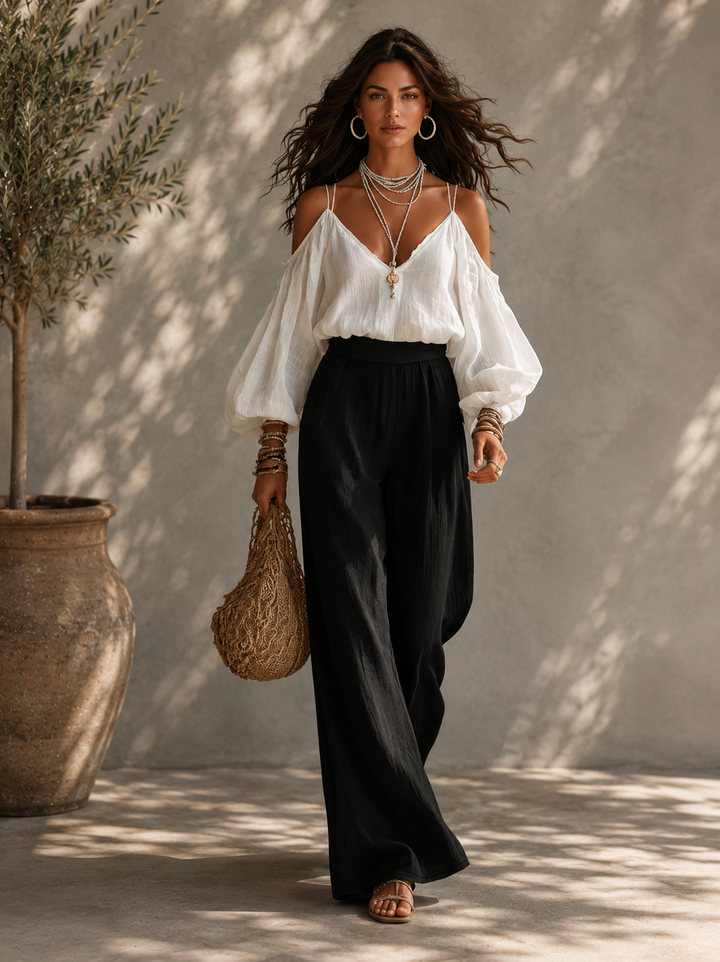 Gesa | Zweiteiler-Set mit Off-Shoulder-Top und weiter Hose, Weiß-Schwarz