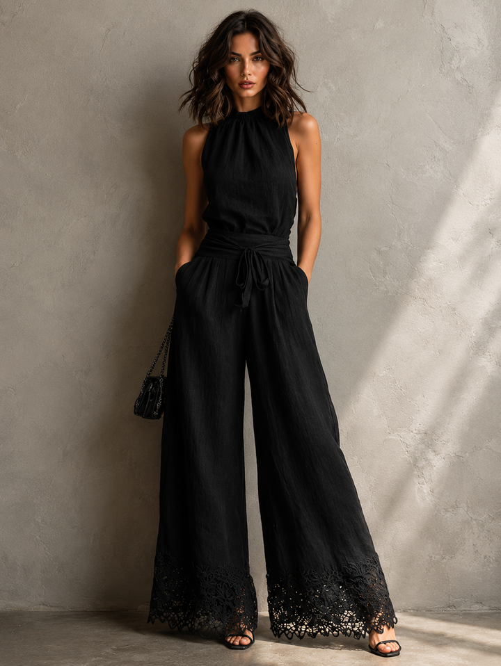 Nadja | Zweiteiler-Set aus Leinenmix mit Neckholder-Top und weiter Hose, Schwarz