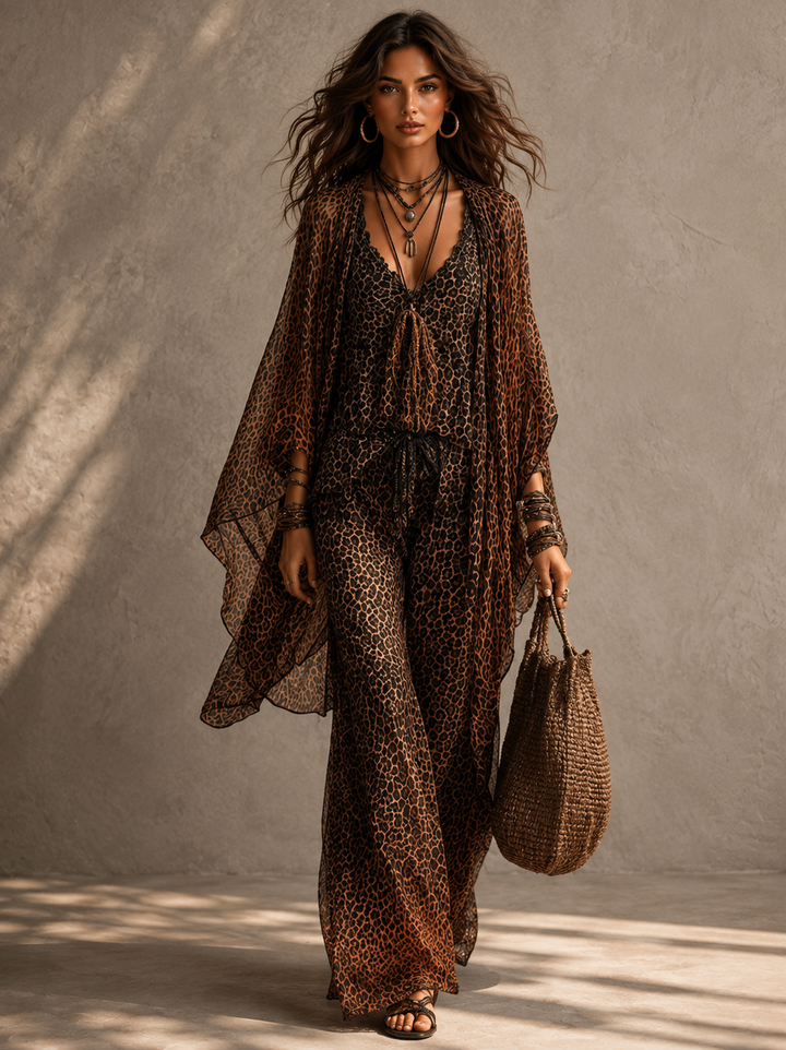 Xenia | Fließendes Dreiteiler-Set mit Leo-Print im Boho-Stil