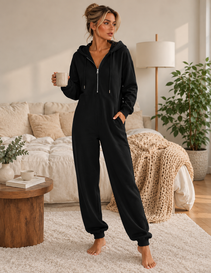 Irmtraut | Loungewear-Jumpsuit mit Kapuze und Half-Zip