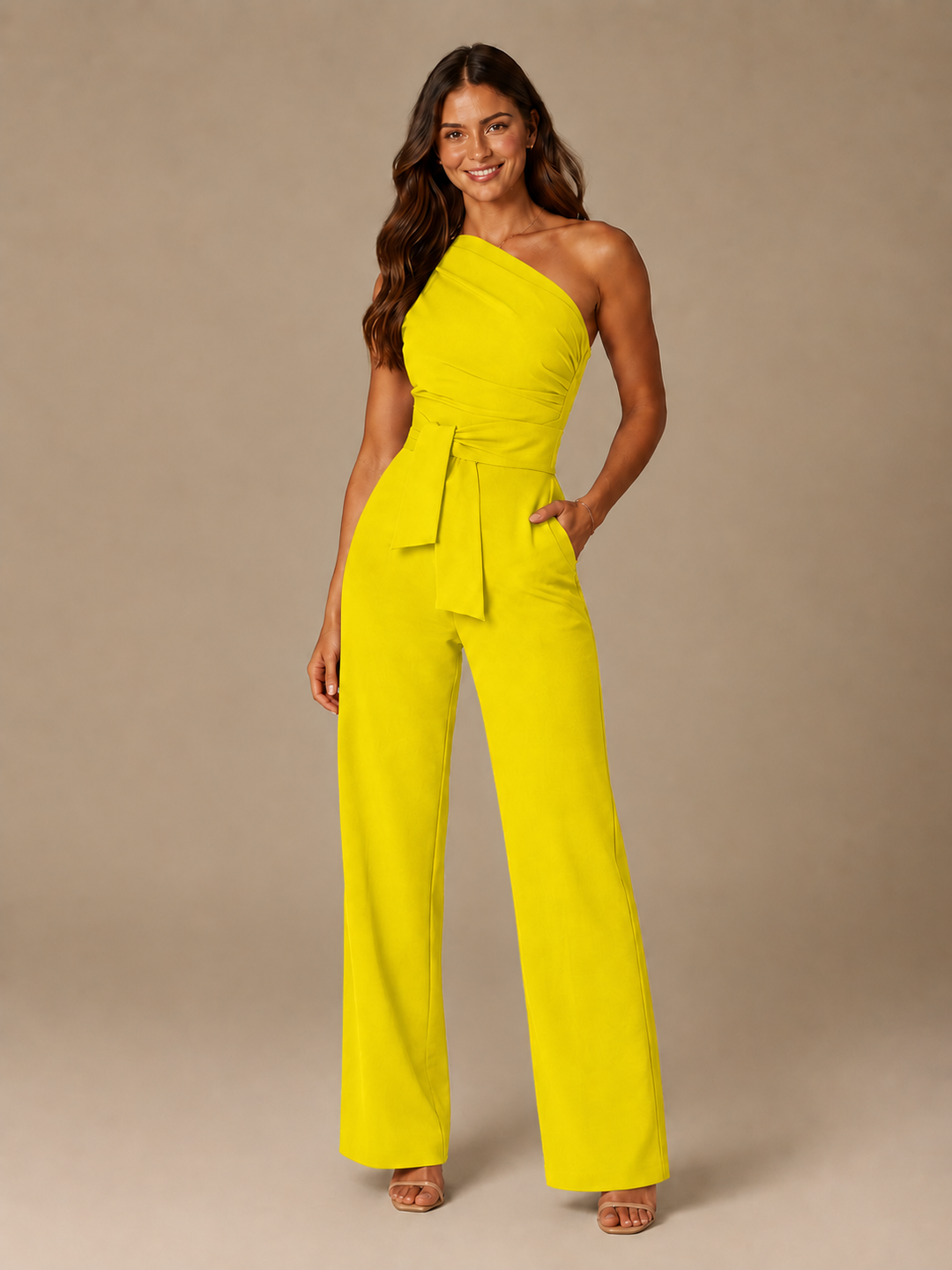Tabea | One-Shoulder-Jumpsuit mit Bindegürtel und weitem Bein