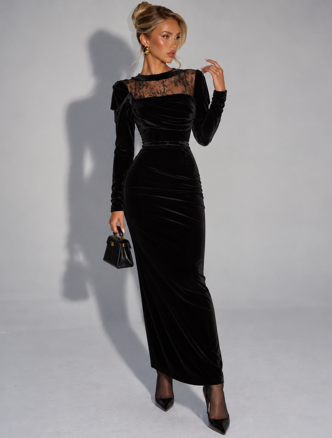 Hiltgund | Maxikleid in Samt-Optik mit Spitzendetails