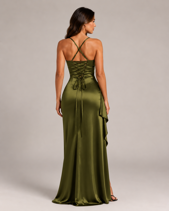 Elsa-Lene | Drapiertes Maxikleid mit Wasserfallausschnitt und hohem Schlitz