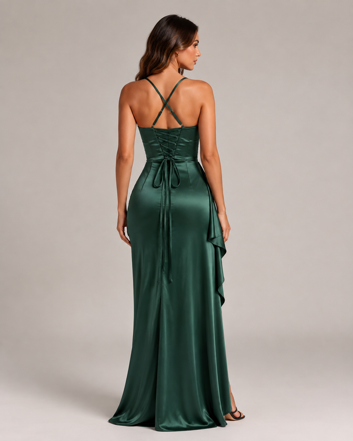 Elsa-Lene | Drapiertes Maxikleid mit Wasserfallausschnitt und hohem Schlitz