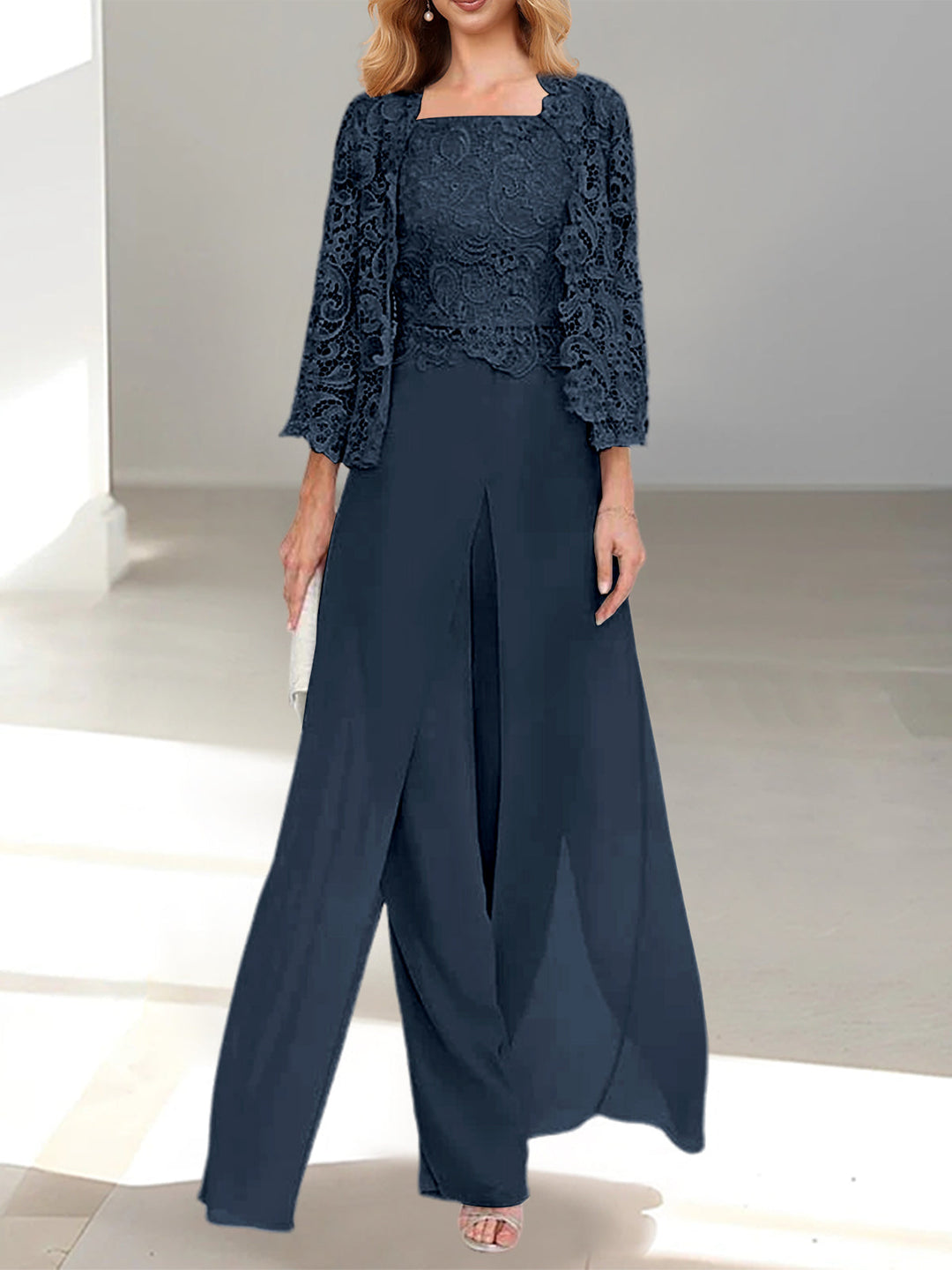 Odette | Elegantes Chiffon-Set mit weiter Hose in Dunkelblau