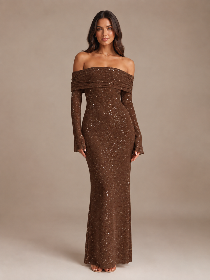 Anna-Lotte | Glitzerndes Maxikleid mit Off-Shoulder-Ausschnitt und langen Ärmeln