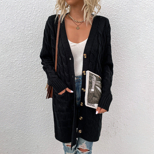 Eva-Marie | Lange Strickjacke mit Knopfleiste und Taschen