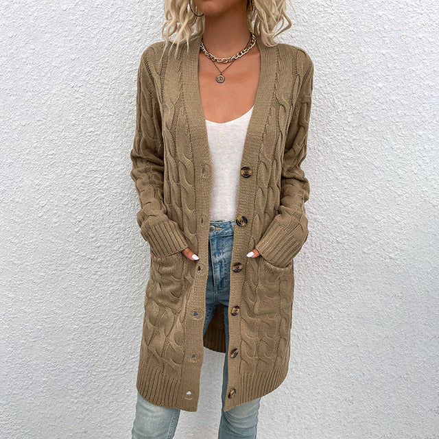 Eva-Marie | Lange Strickjacke mit Knopfleiste und Taschen