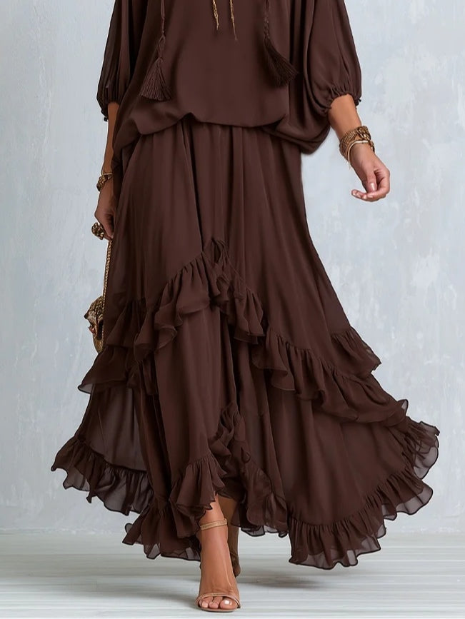 Oda | Chiffon-Set mit Fransen-Top und Stufenrock