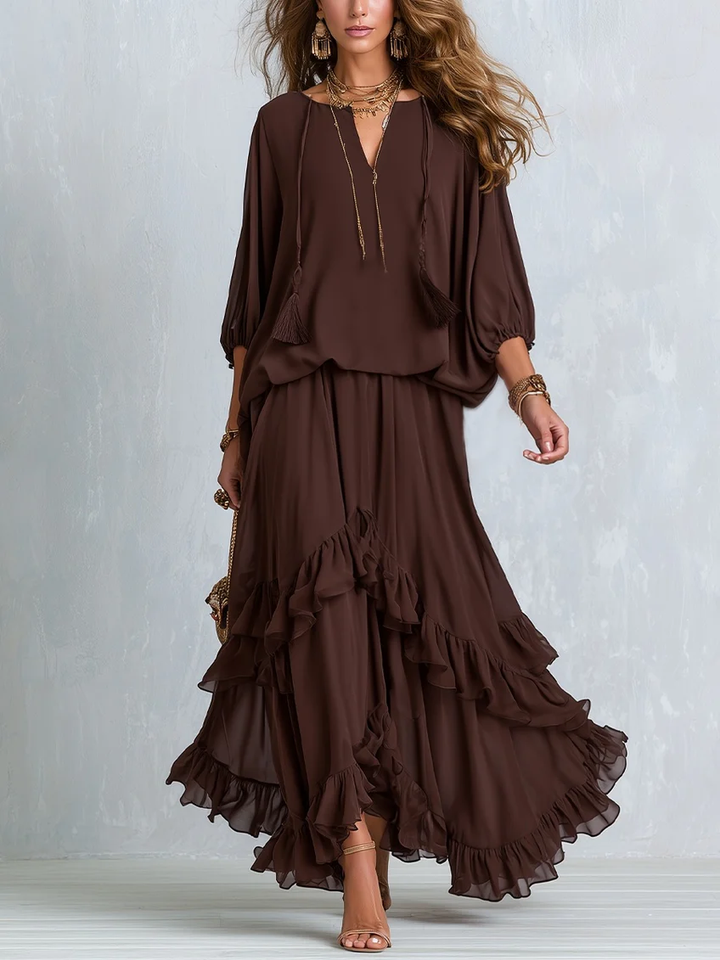 Oda | Chiffon-Set mit Fransen-Top und Stufenrock