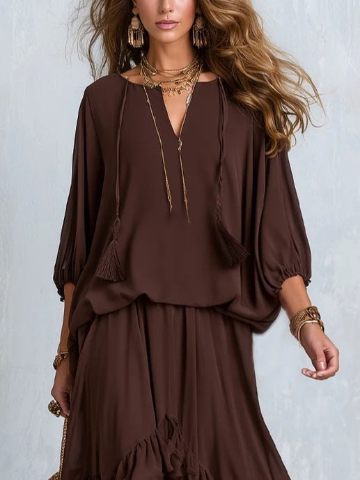 Oda | Chiffon-Set mit Fransen-Top und Stufenrock