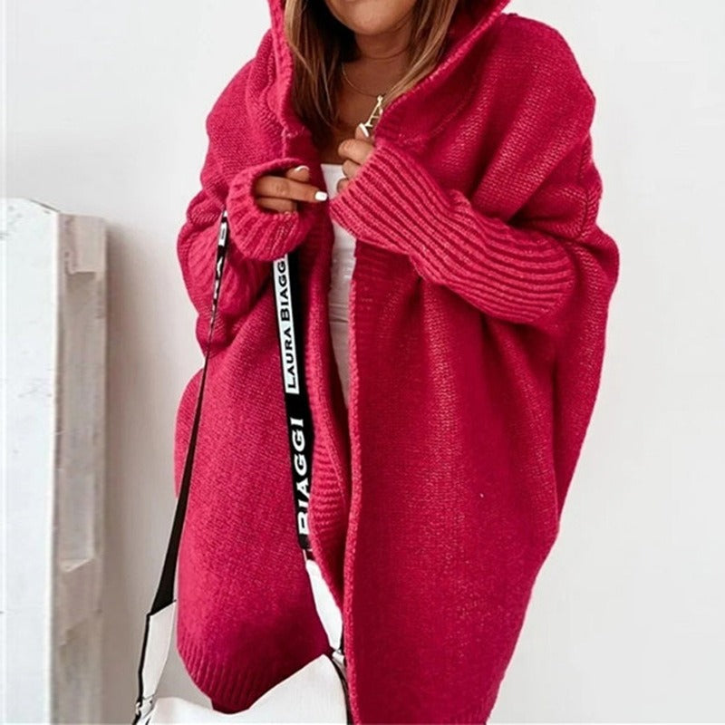Rosa | Lange Strickjacke mit Kapuze und offener Front