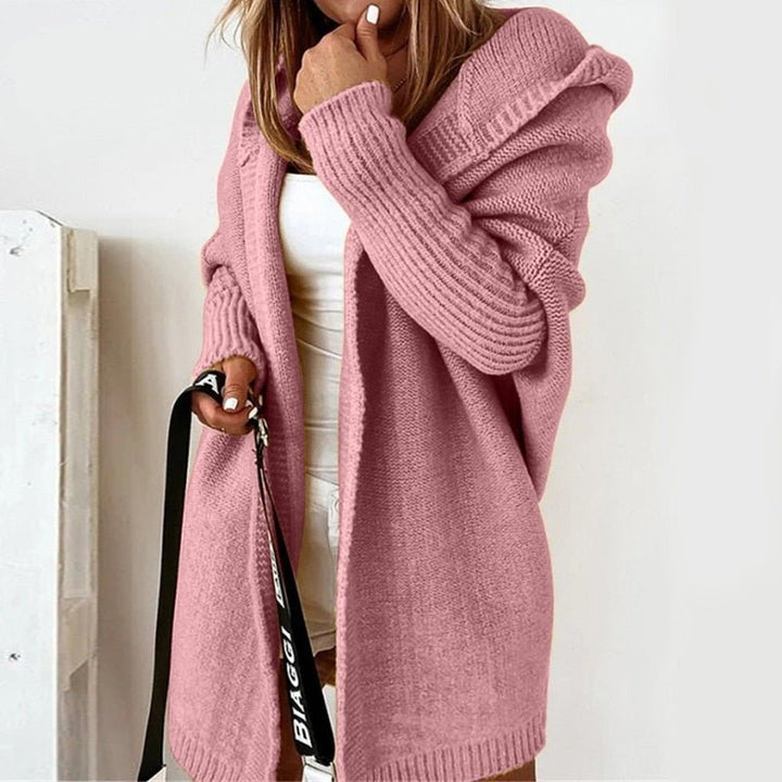 Rosa | Lange Strickjacke mit Kapuze und offener Front