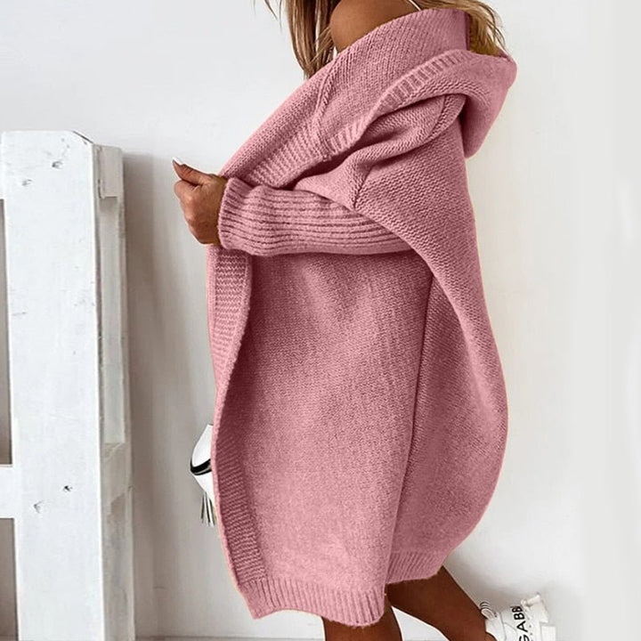 Rosa | Lange Strickjacke mit Kapuze und offener Front