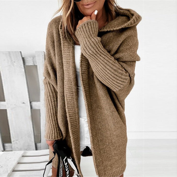 Rosa | Lange Strickjacke mit Kapuze und offener Front