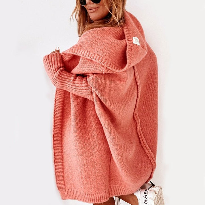 Rosa | Lange Strickjacke mit Kapuze und offener Front