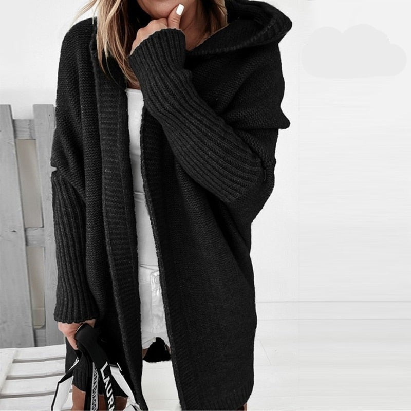Rosa | Lange Strickjacke mit Kapuze und offener Front