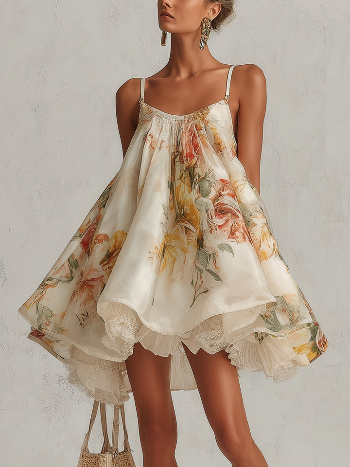 Leonie | Organza-Minikleid in A-Linie mit Blumenmuster und Spitze