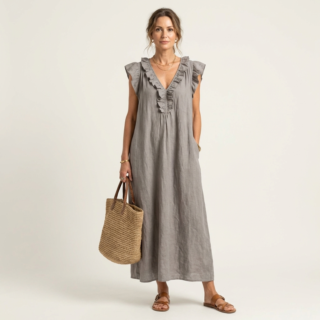 Josette | Fließendes Maxikleid mit Volant-Ausschnitt