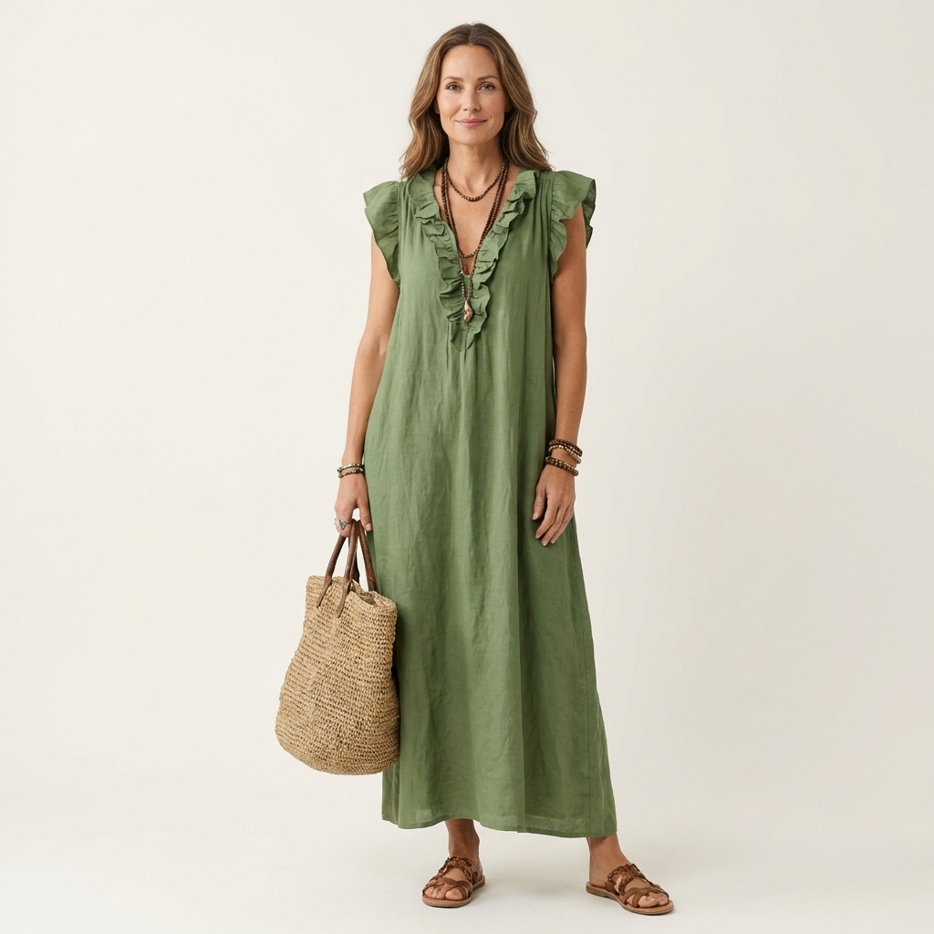 Josette | Fließendes Maxikleid mit Volant-Ausschnitt