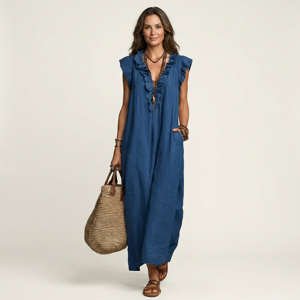 Josette | Fließendes Maxikleid mit Volant-Ausschnitt