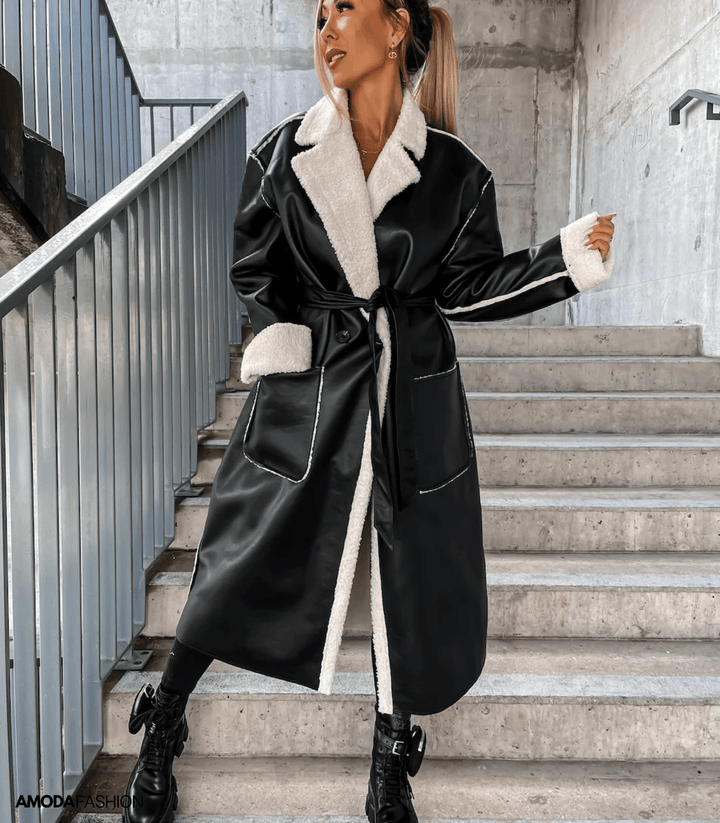 Anne-Maria | Lange Winterjacke aus Leder mit weichem Fleece und Gürtel