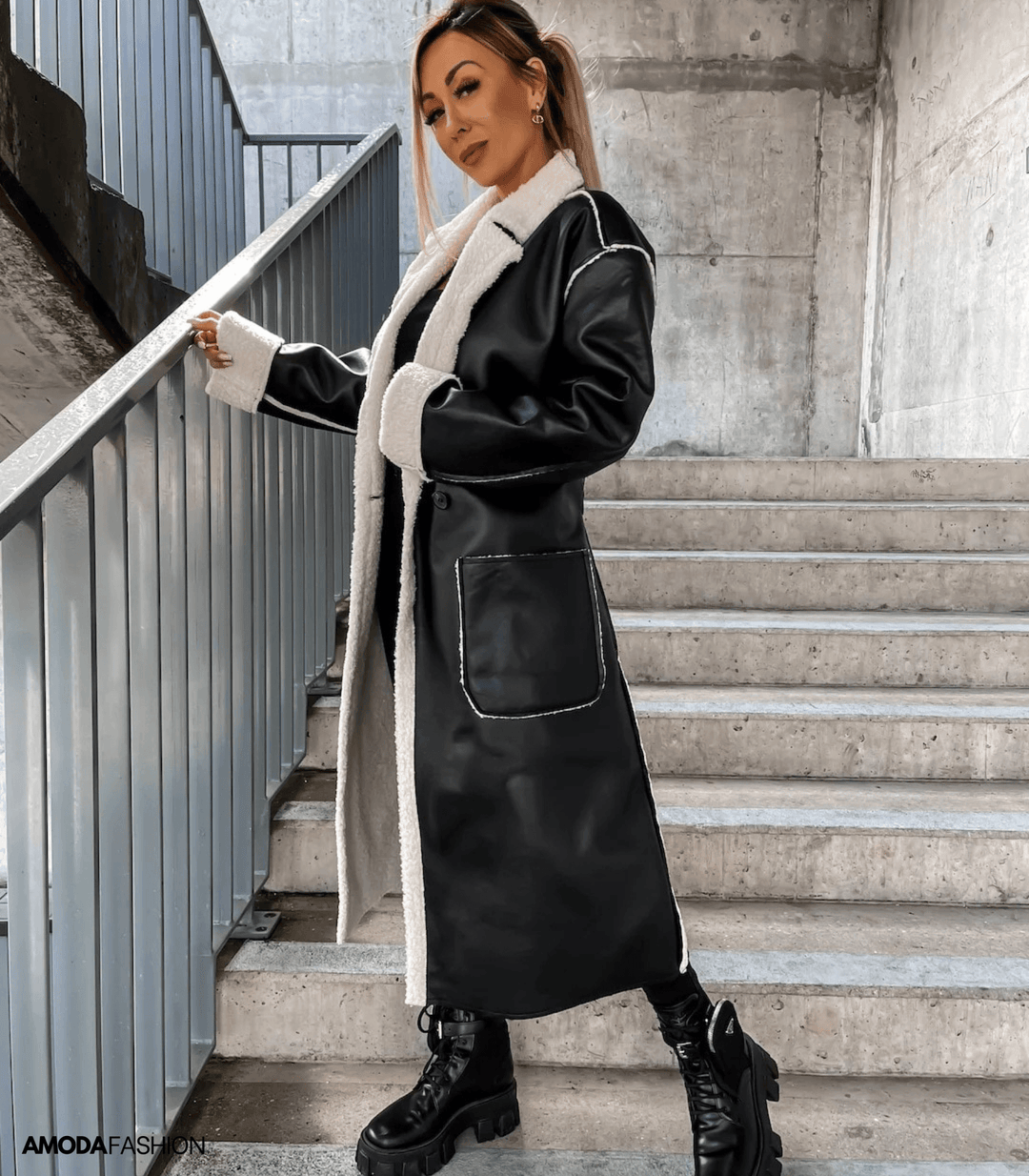 Anne-Maria | Lange Winterjacke aus Leder mit weichem Fleece und Gürtel
