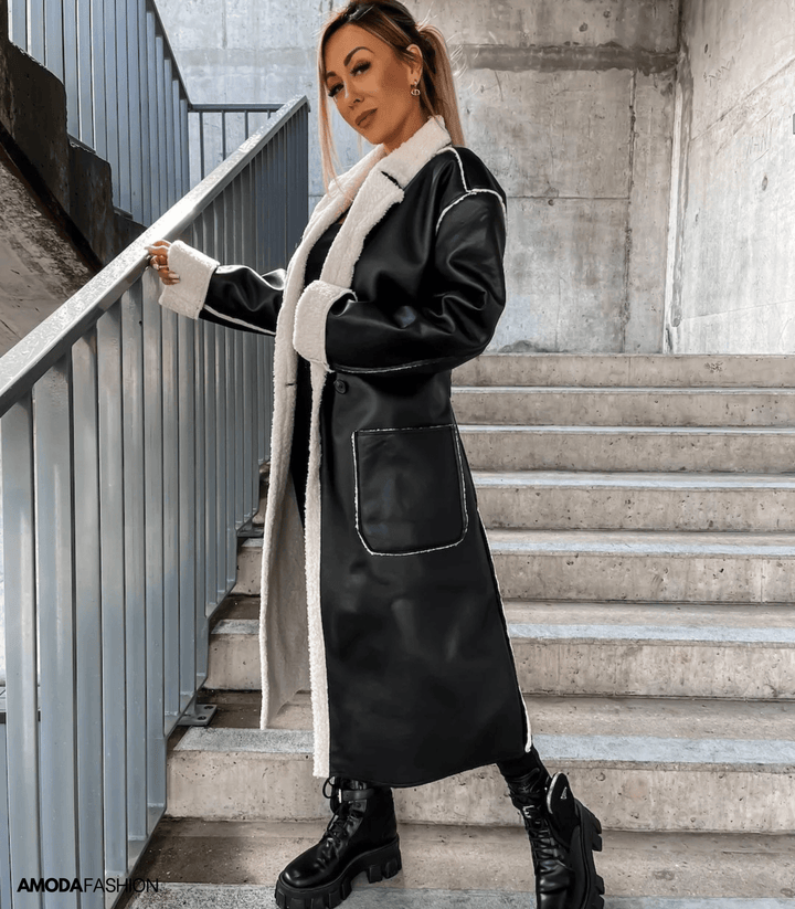 Anne-Maria | Lange Winterjacke aus Leder mit weichem Fleece und Gürtel