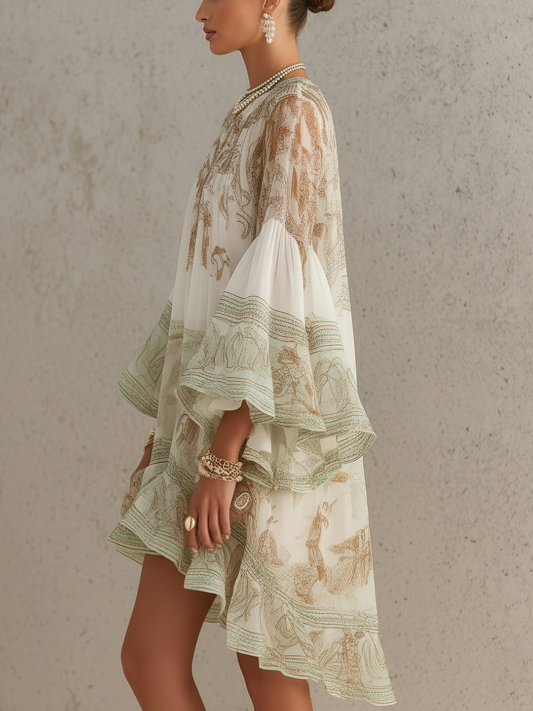 Merle | Chiffon-Minikleid mit Print, Volantärmeln und Rüschensaum