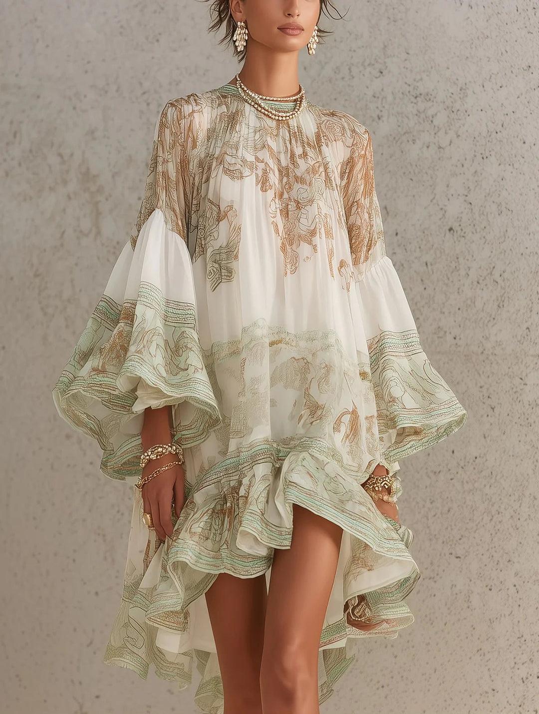 Merle | Chiffon-Minikleid mit Print, Volantärmeln und Rüschensaum