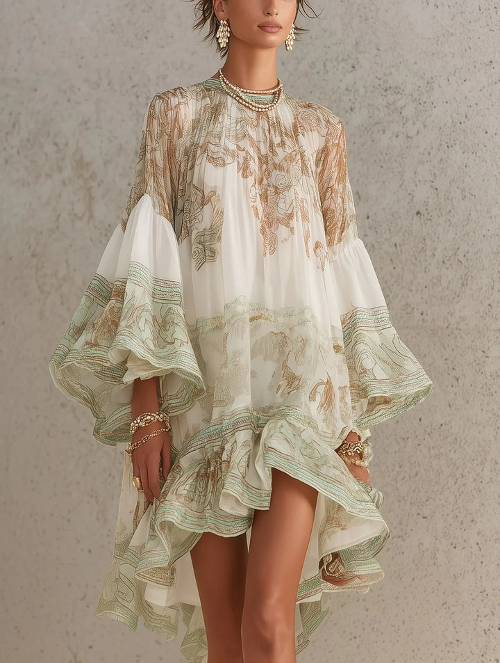 Merle | Chiffon-Minikleid mit Print, Volantärmeln und Rüschensaum