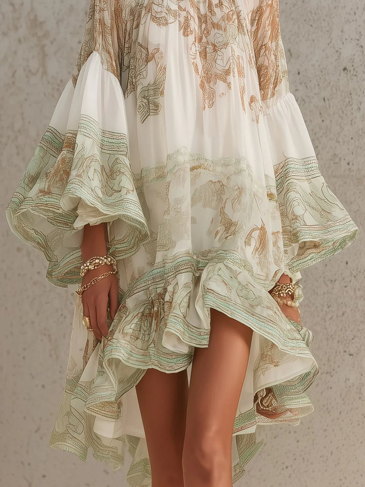 Merle | Chiffon-Minikleid mit Print, Volantärmeln und Rüschensaum