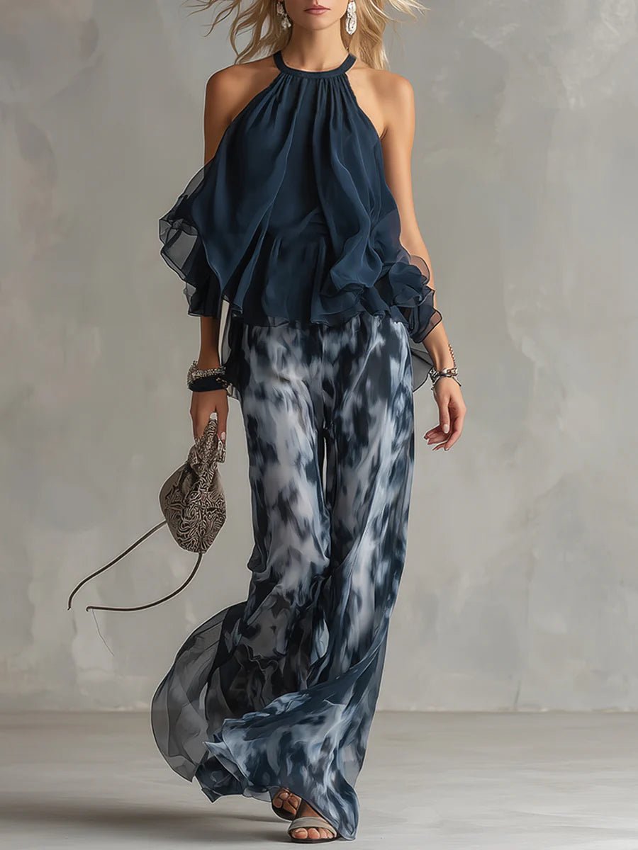 Sylvie | Chiffon-Set mit Neckholder-Top und bedruckter weiter Hose, Navy